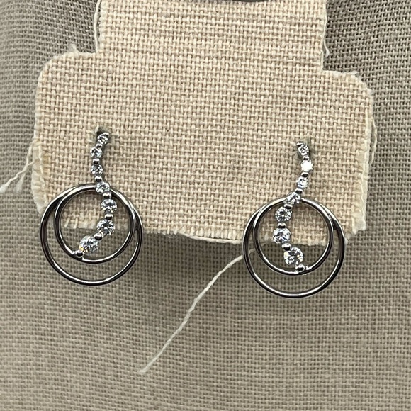 Vintage Sterling Silver Double Hoop Earrings with CZ Accents, Rhodium Plated - Picture 5 of 15